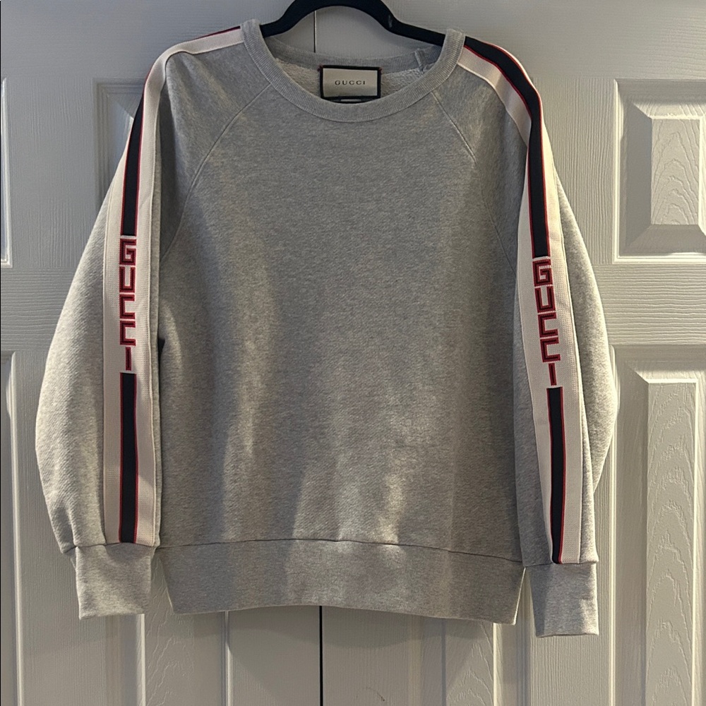 Gucci Gray Crewneck Sweater with Red and Black Stripes